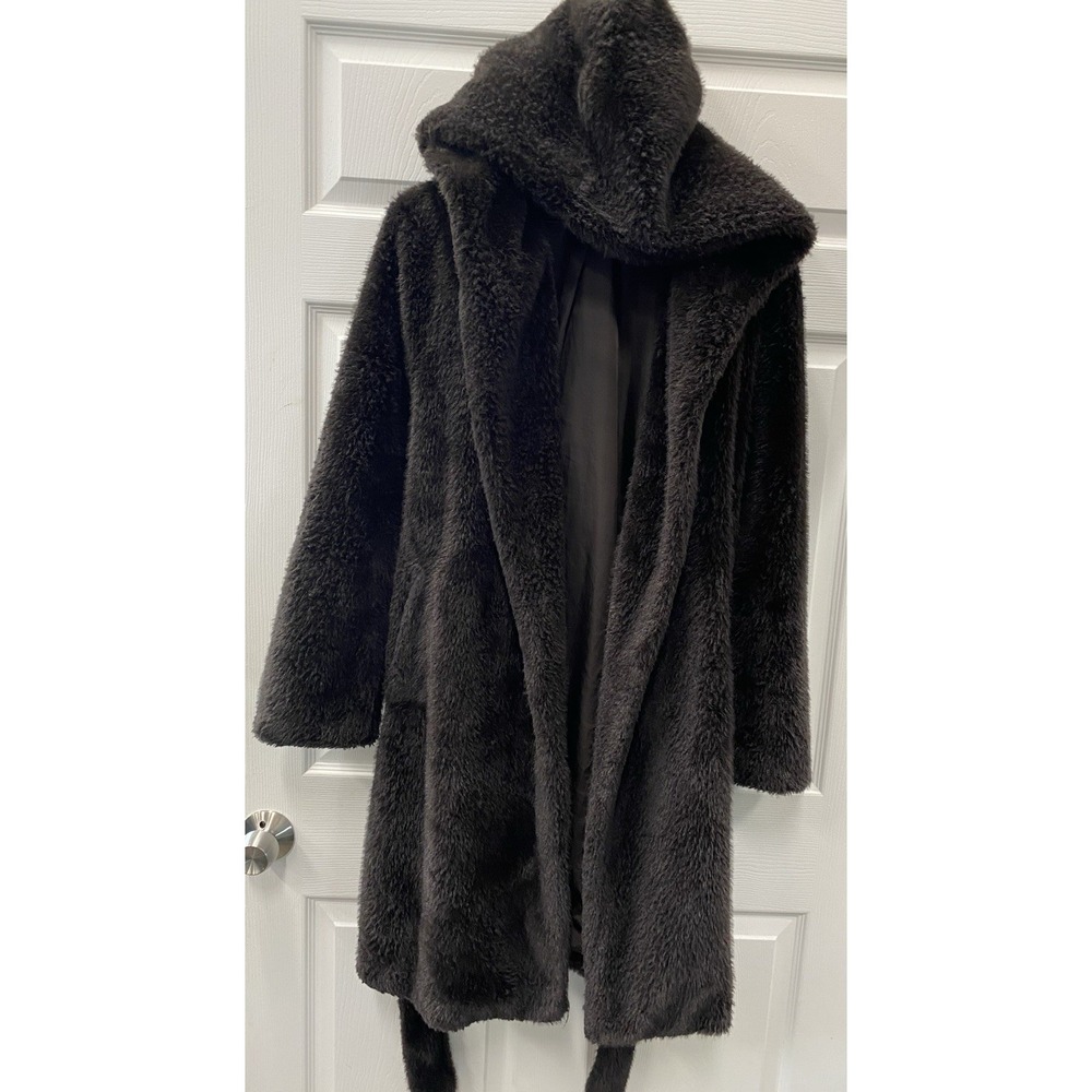 Rebecca Minkoff Hooded Belted Faux Fur Coat Brown Plush Soft Mid Length XL cozy